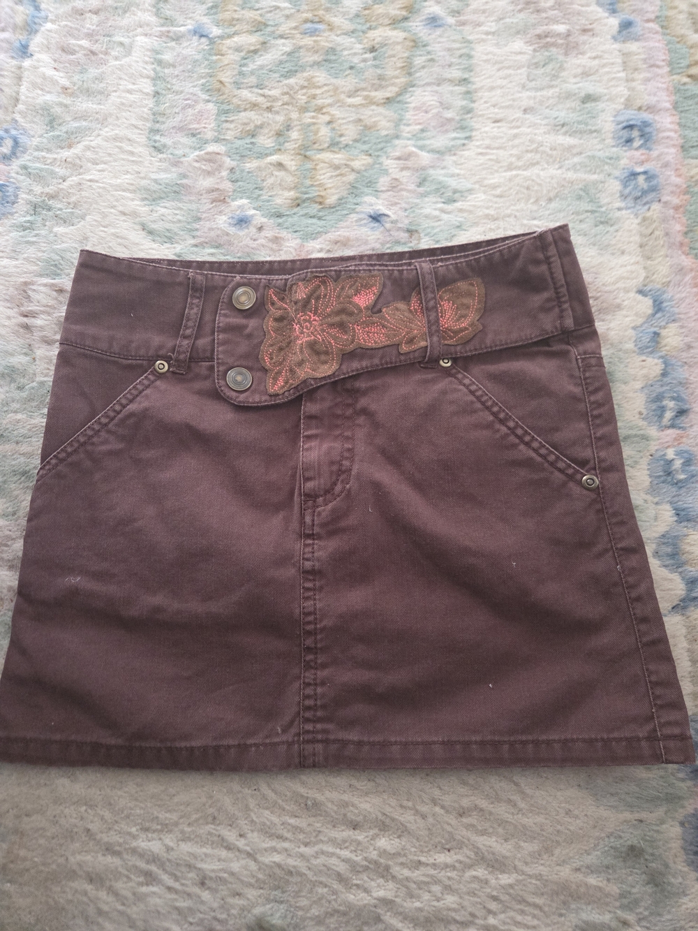 Girls' Embroidered Brown Mini Skirt with Floral Waist Detail